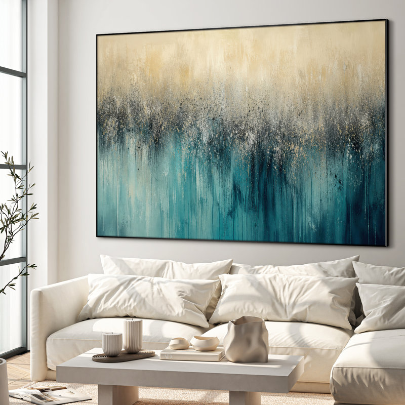 Très grand art mural imprimé sur toile - sarcelle abstraite herbe Horizon, décor de chambre à coucher contemporain - "Assemblage requis (cadre non fini)"