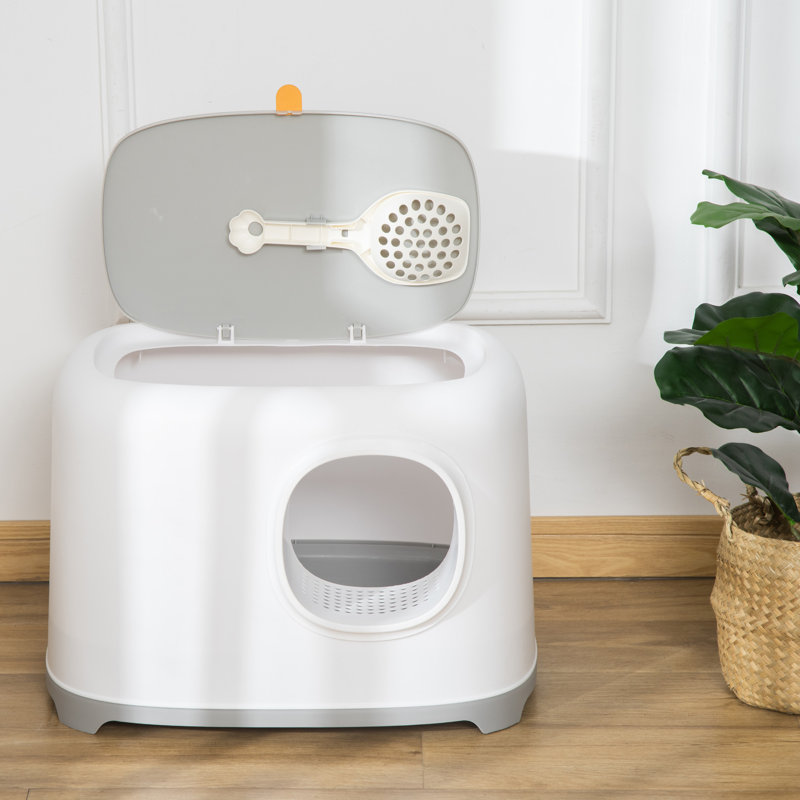 Bac à litière pour chat, bac à litière pour chat ouvert avec tunnel anti-sable, blanc