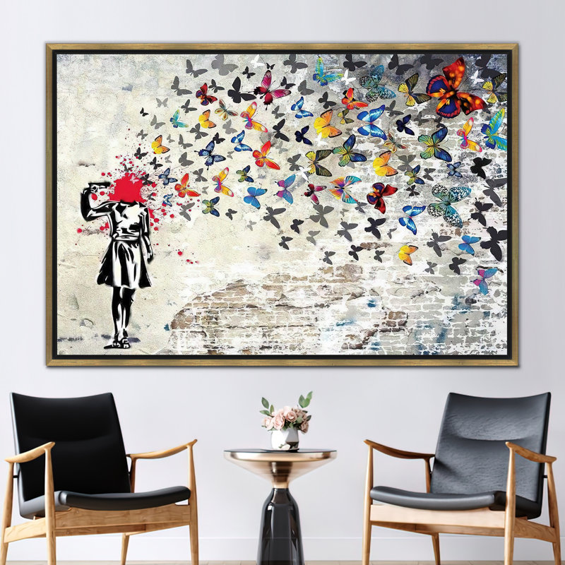 «Banksy Inspired Butterfly Girl Suicide Street Art», affiche murale abstraite sur toile, H 45 po x l 81 po, Doré