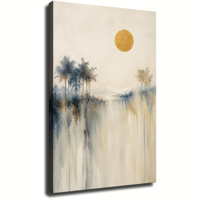 Golden Full Moon Blue Forest Lake Oriental Abstract Watercolor Canvas Art, Wrapped Canvas, Ready to Hang