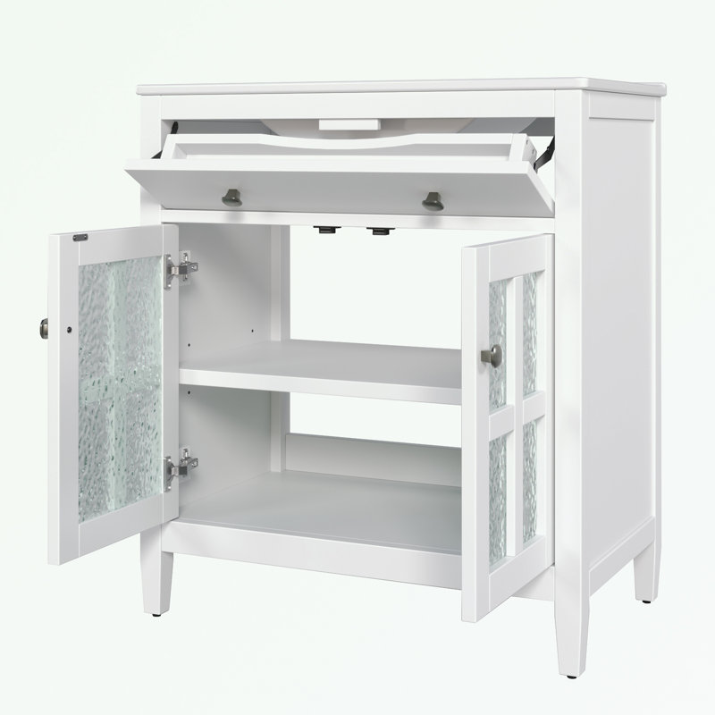 Meuble-lavabo de salle de bain avec lavabo en céramique, tablette réglable et plateau basculant, Blanc