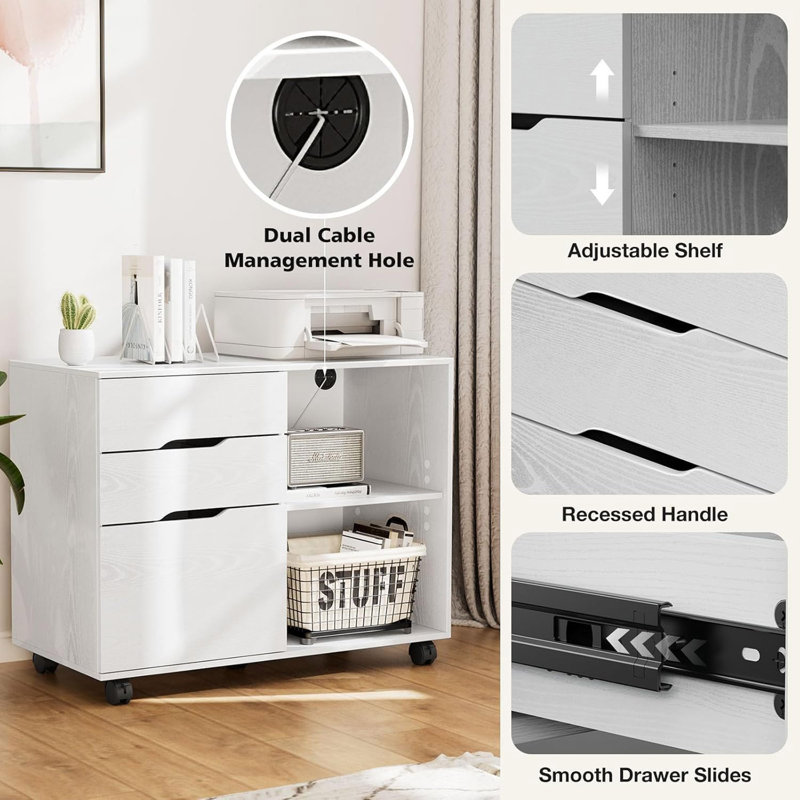 Lateral Mobile Filing Cabinet Wood Storage Organizer With Wheels