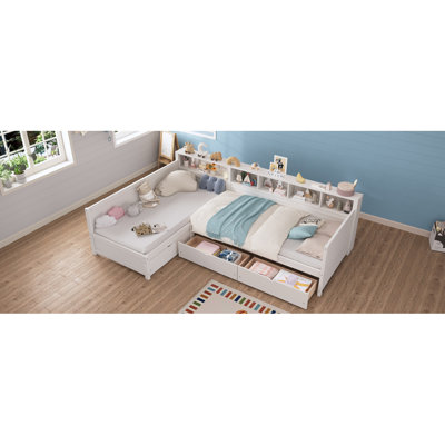 Lit de jour simple pour 2 personnes, structure de lit simple en L avec 3 tiroirs de rangement, lit d'angle en bois avec bibliothèque, cadre de lit d'angle pour chambre à coucher, salon, blanc