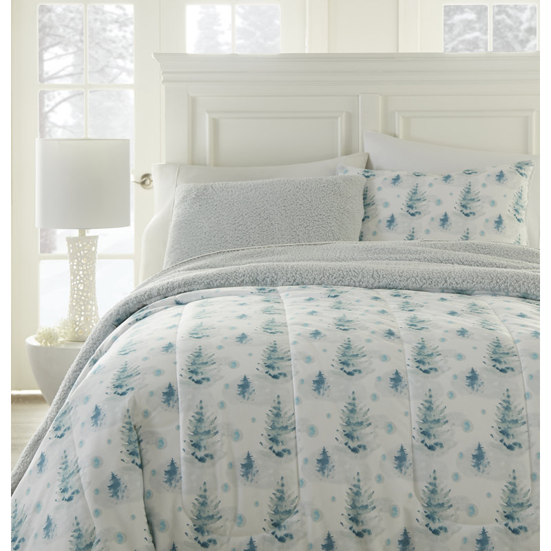 Ensemble d'édredon inversé en sherpa Micro Flannel®, Édredon pour lit simple + 1 taie décorative stan, Pins aquarelle