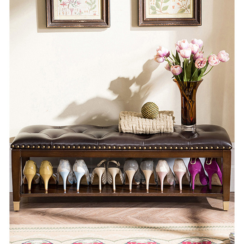 Solid Wood Shoe Storage Bench with Leather Upholstery, Brown