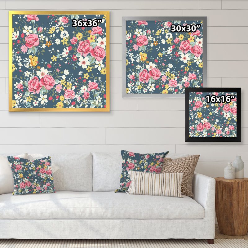 Roses rétro et jaune sur bleu marine - Impression sur toile, H 30 po x l 30 po, Cadre noir