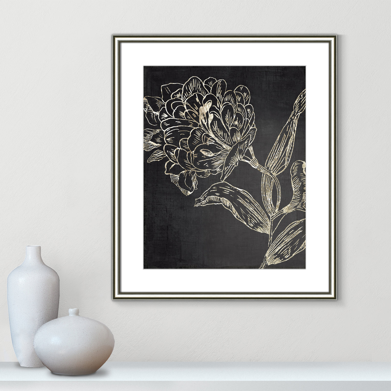 Golden Flower Folklore II by Asia Jensen - Picture Frame Graphic Art, 26.75" H x 22.75" W, Silver
