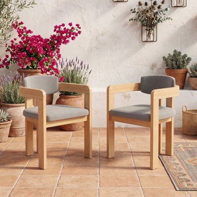 Ensemble de 2 fauteuils d'extérieur avec sièges rembourrés, structure en bois d'acacia, dossier incurvé et pieds réglables