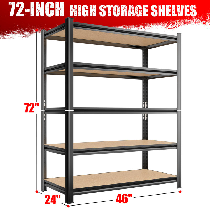 Système de 5 tablettes de rangement pour le garage, métal réglable robuste, capacité de 3000 lb, noir, antirouille et rayure, étagère à installation simple, antirouille et antirouille, étapes d'assemblage faciles