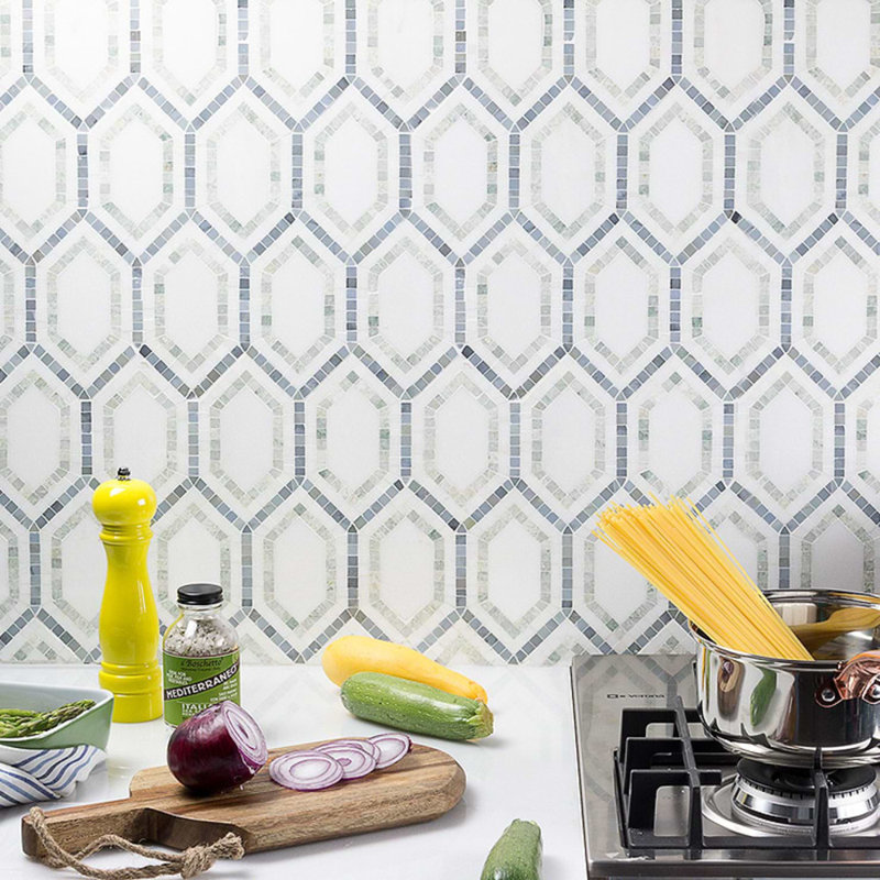 Infinity 10x12 Micro Hexagon Polished Marble Mosaic Tile, Ming Green Thassos/Linblue