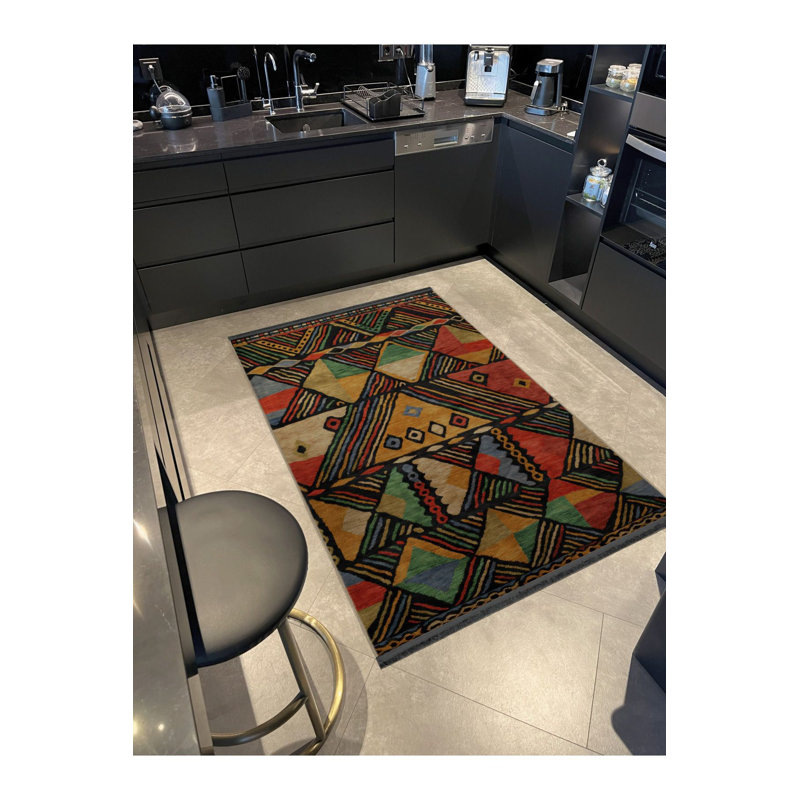 Tapis décoratif moderne à motifs géométriques mixtes multicolores foncés et lavables à la machine