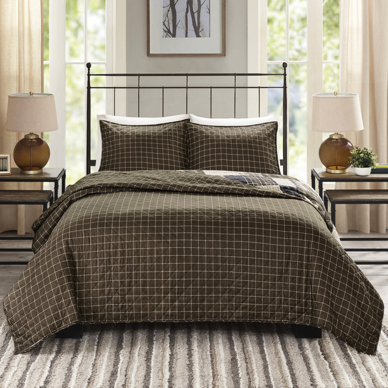 Ensemble de courtepointe réversible 3 pièces - réversible, noir / brun, microfibre, tissu écossais sur l'envers, lit double / grand réversible facile à laver, rembourrage en coton, taies décoratives avec fermeture à glissière