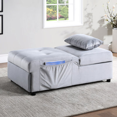 Banc en velours gris avec structure en bois massif, lit escamotable et cadre de rangement supplémentaire, réglable