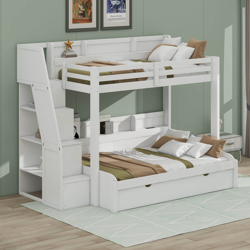 Structure de lit simple superposé avec lit gigogne et escalier de rangement, lit plateforme en bois avec tablettes de rangement, garde-corps et station de charge