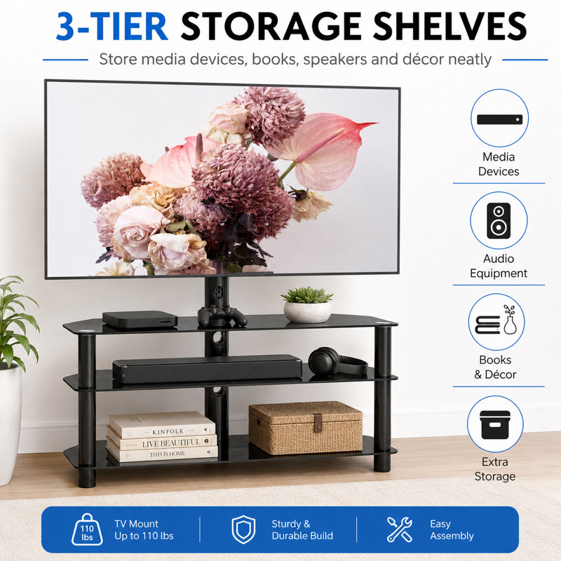 Meuble télé 35,4 po à 3 niveaux pivotant à hauteur réglable