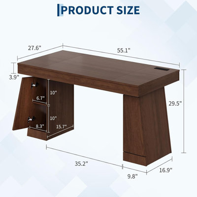 Bureau de direction de 55 po avec prise de courant et armoire de rangement, bureau d'ordinateur moderne avec 3 prises de courant, 1 port USB-A et 1 port USB-C