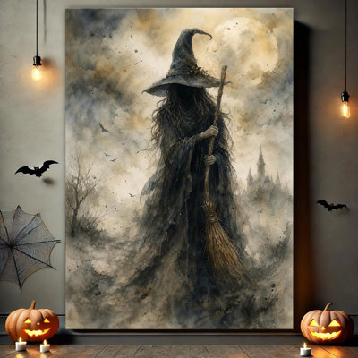 Mysterious Witch Holding Broom Under Full Moon With Gothic Castle Background, Watercolor Halloween Canvas Wall Art For Home Wall Decoration