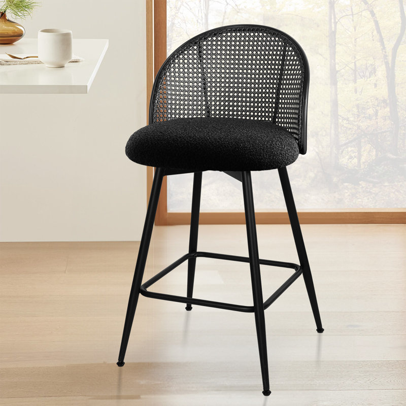 Black Metal Swivel Counter Stools with Rattan Backrest, Set of 3