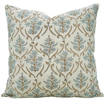 Fabdivine linen blend pillowcase cushion cover, throw, block print (vishal pushp, blue) 20"x20"