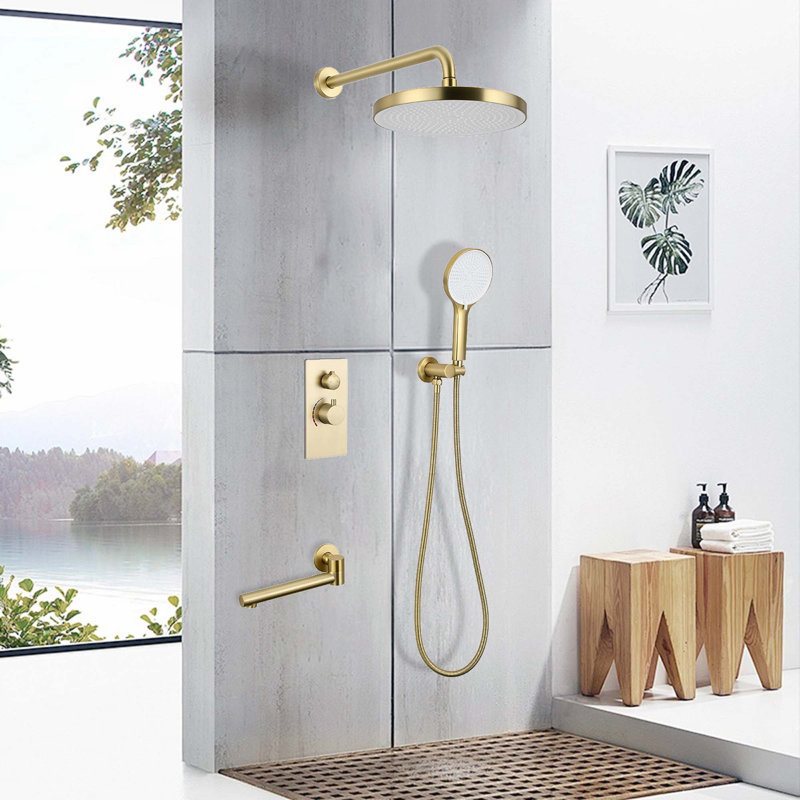 Ensemble de système de douche à 3 fonctions de luxe - valve de contrôle en laiton massif, douche de tête 10 po, douchette à 3 jets avec douchette de baignoire