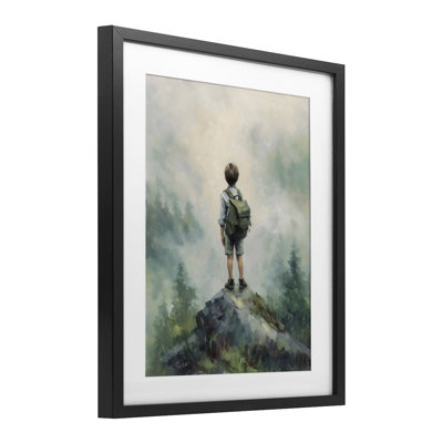 «Boy Adventurer Atop Mountain», reproduction d'art sous verre encadrée par Arlington Prints