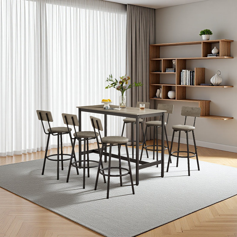 Pub High Dining Table Set, Industrial Style Pub Table, Pu Leather Bar Chairs, Gris, Gris / Noir, 7