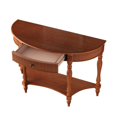 Solid Wood Half Moon Console Table with Drawer & Shelf, Fluted Vintage Curved Entryway Table for Hallway Living Room Foyer, Narrow Space Sofa Table with Roman Column Carved Legs, Rustic  Brown