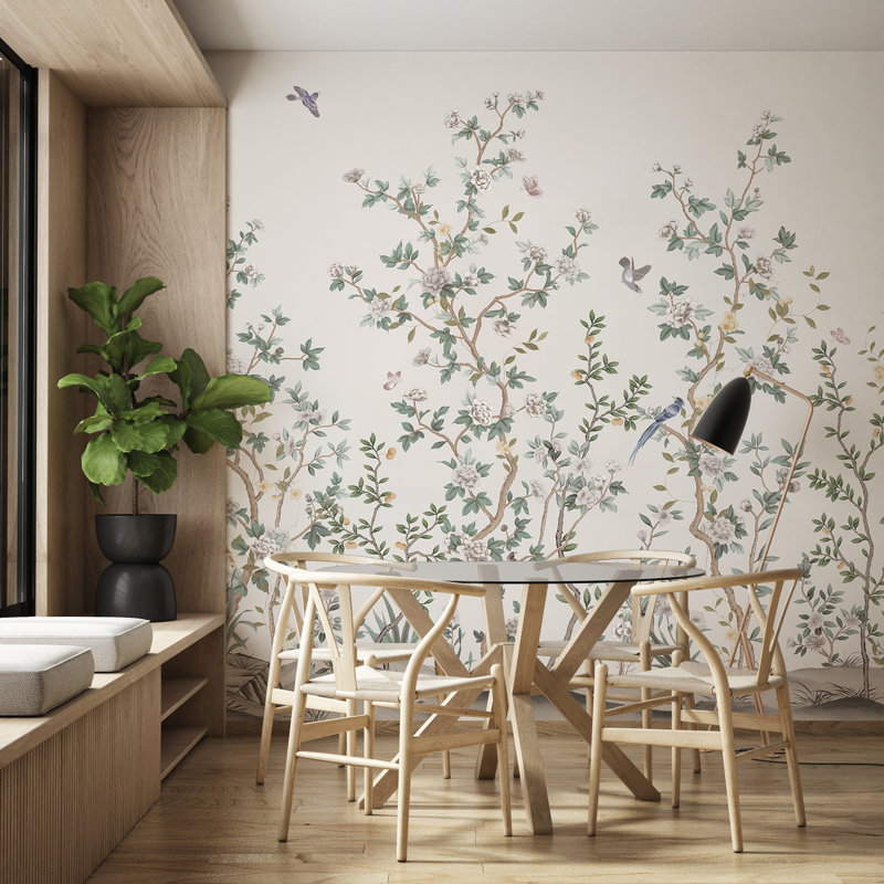 Whispering Blooms Hand-Painted Floral Landscape Wallpaper Mural, White, 82" L x 122" W