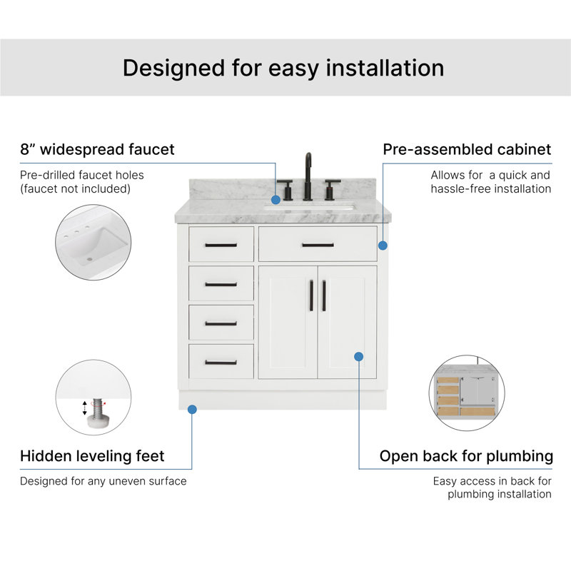 ARIEL HEPBURN 37 IN RIGHT OFFSET RECTANGULAR SINK VANITY 1,5 IN, White, Right, Rectangular