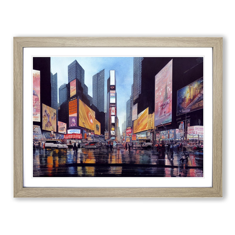 Times Square New York Watercolour Vol.1 - Single Picture Frame Print, 46cm H x 64cm W x 2cm D, Oak Framed