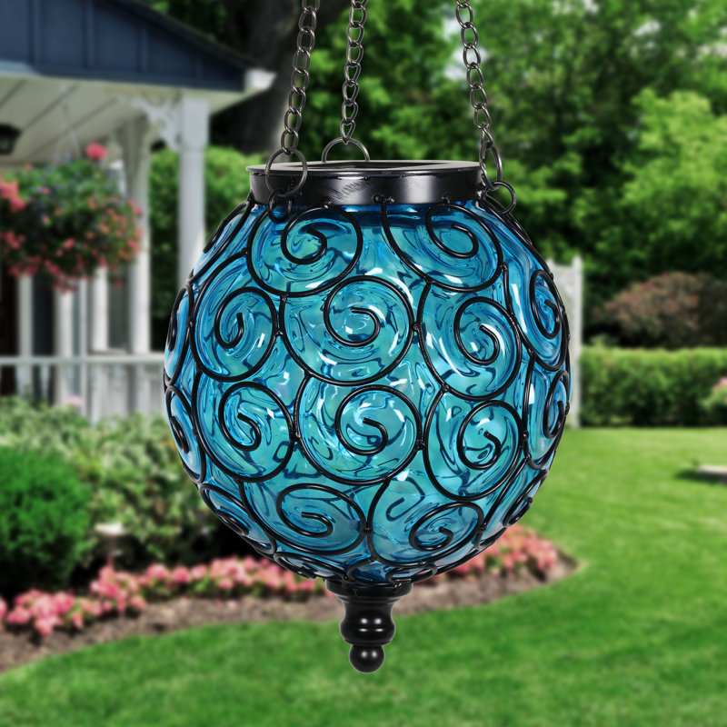 Exhart Solar Round Glass and Metal Hanging Lantern with 15 Cool White LED Firefly String Lights, 7 by 21", Blue