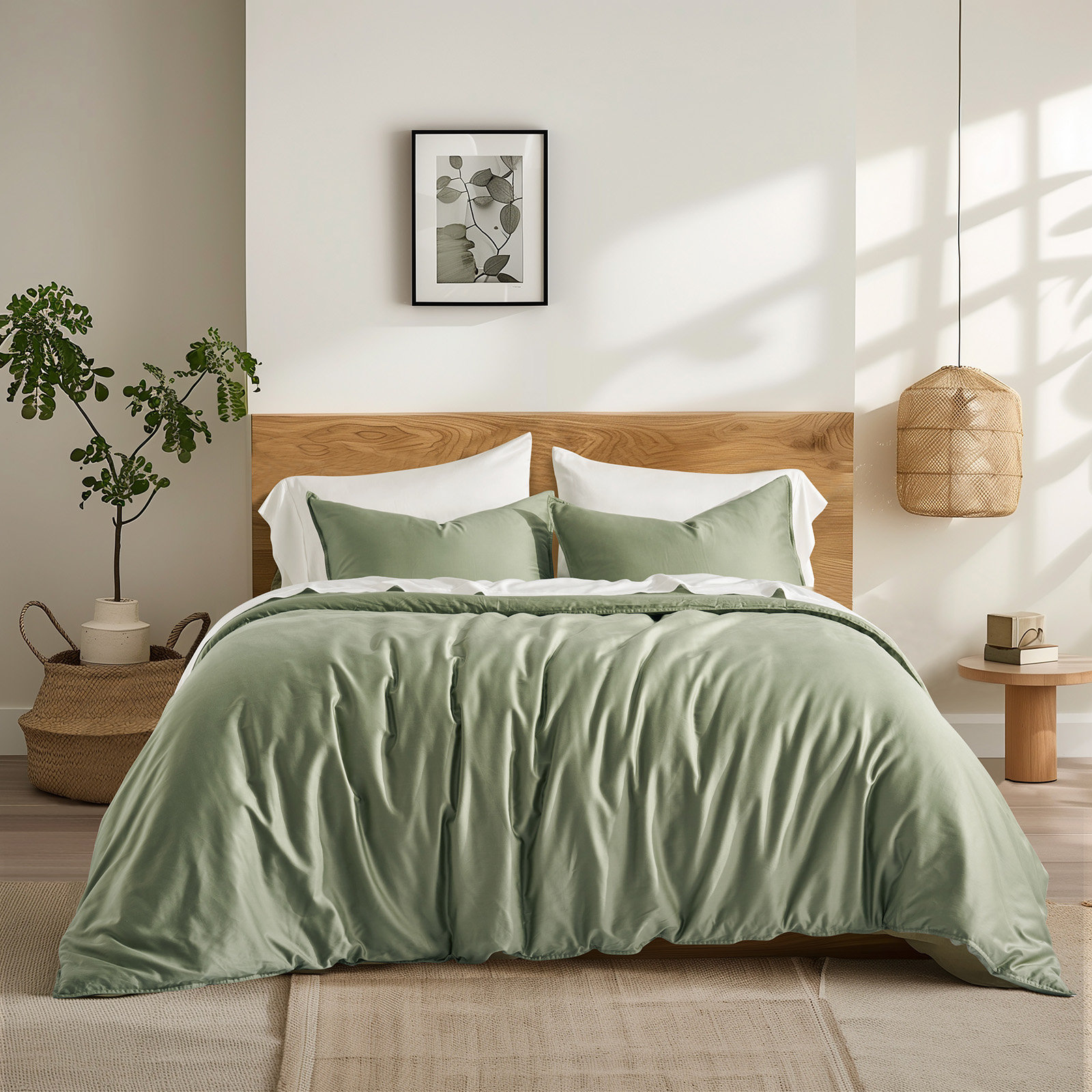 Cotton Tencel Duvet Cover Set, Queen Duvet Cover + 2 Queen Shams, Sage Green