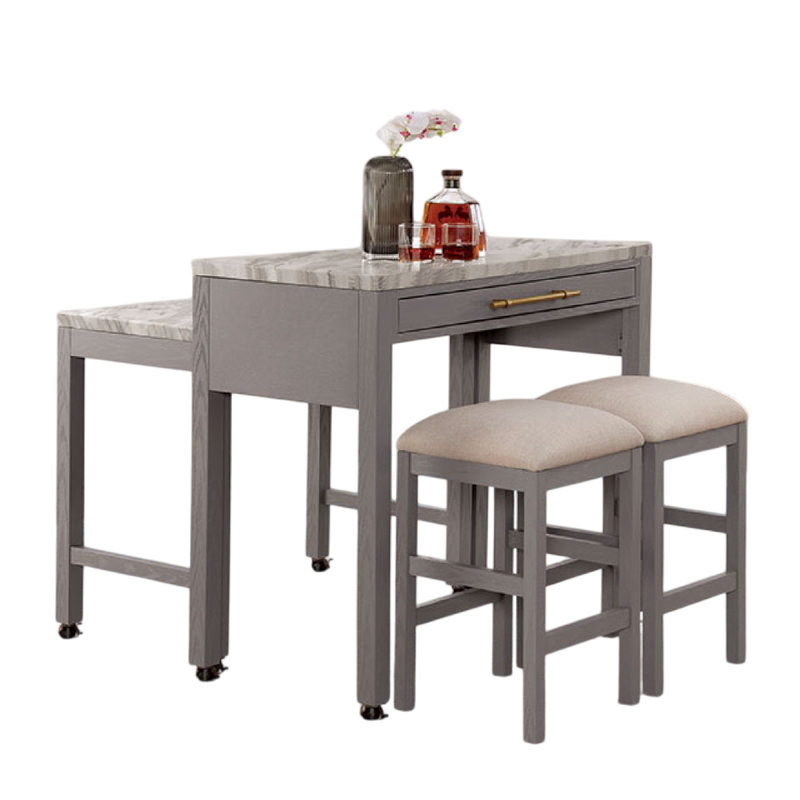 Ensemble de table à hauteur de comptoir et 4 tabourets Helly, dessus en faux marbre gris