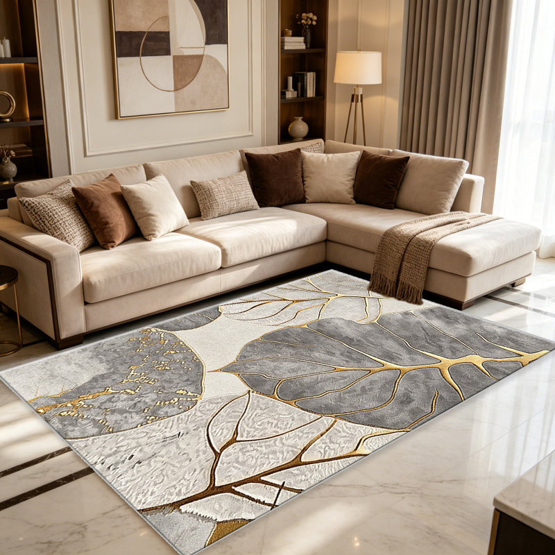 Grey Gold Leaf carpet-easy to clean, machine-washable, soft and comfortable; suitable for door mats, kitchens, living rooms, bedrooms, corridors, and laundry areas. Easy to clean, durable carpet for home decoration.