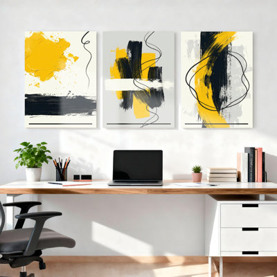Abstract Yellow And Black Brushstroke Canvas Wrapped Wall Art Set Of 3 For Living Room Bedroom Home Decor