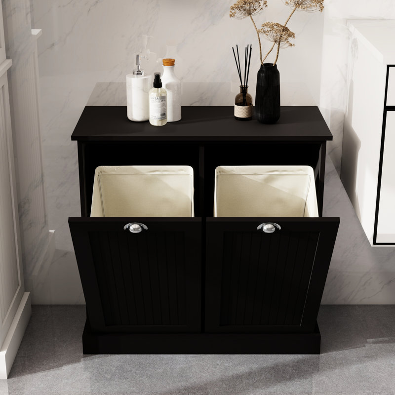 Armoire à lessive noire E1, deux compartiments, sacs peints et amovibles, capacité de charge de 100 livres, assemblage requis à la maison avec la quincaillerie et les attaches - sections peintes pour un look épuré