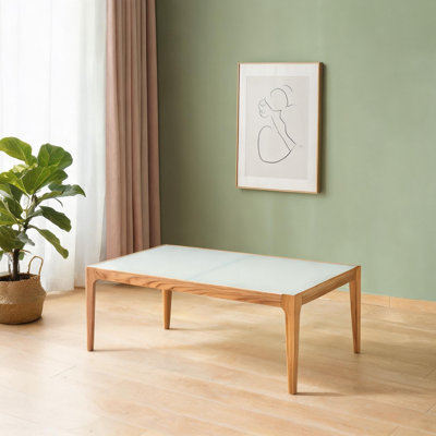 Table basse en verre givré avec base en bois naturel, centre de table rectangulaire moderne pour le salon