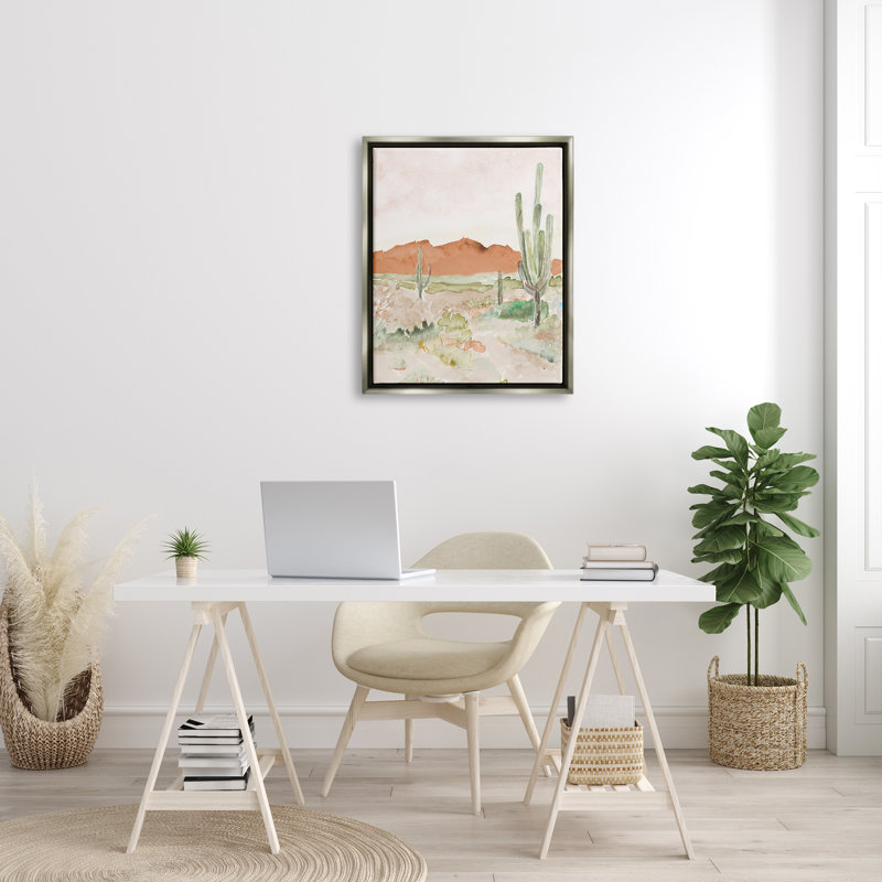 Cactus Plants Dry Desert Scene Distant Cliff par Lanie Loreth - Peinture, H 31 po x l 25 po x P 1,7 po