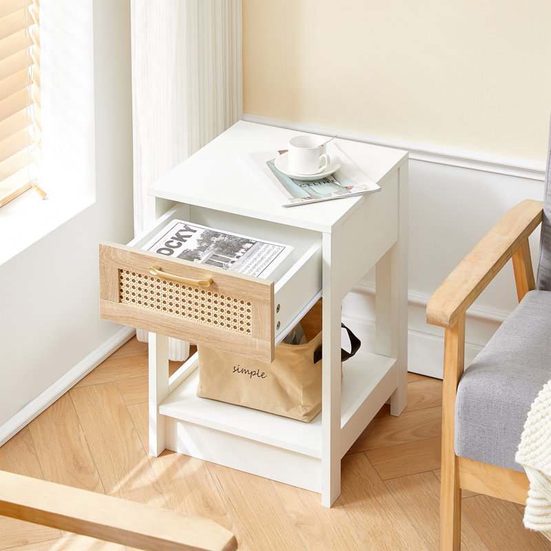 PE Rattan End Table with Drawer, Modern Nightstand, Side Table for Living Room, Bedroom, White