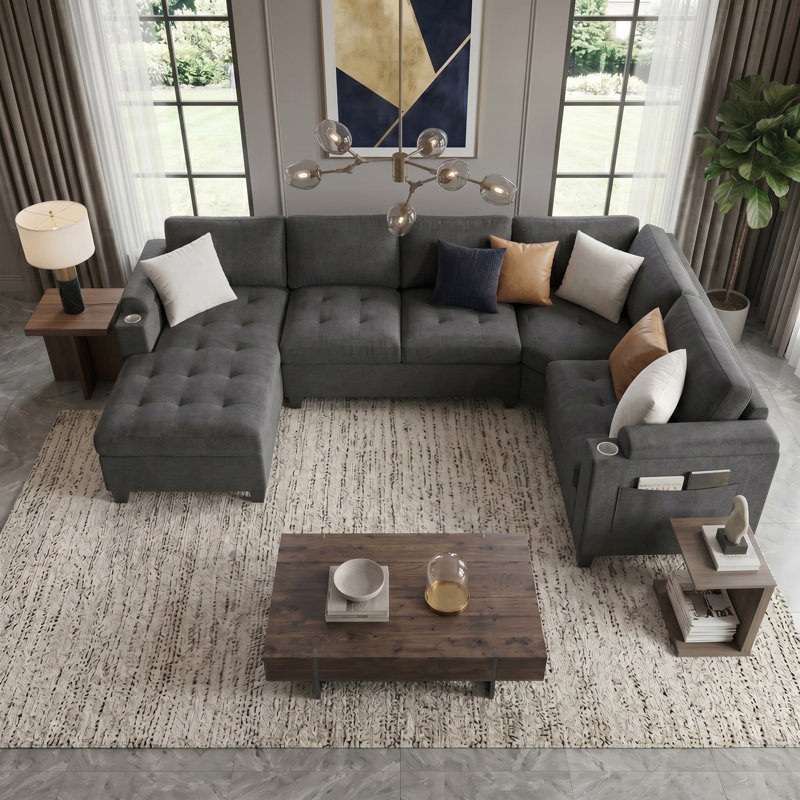Canapé modulaire moderne de coin en forme de U de 115,7 po avec porte-gobelets, espace de rangement et ports USB, grey