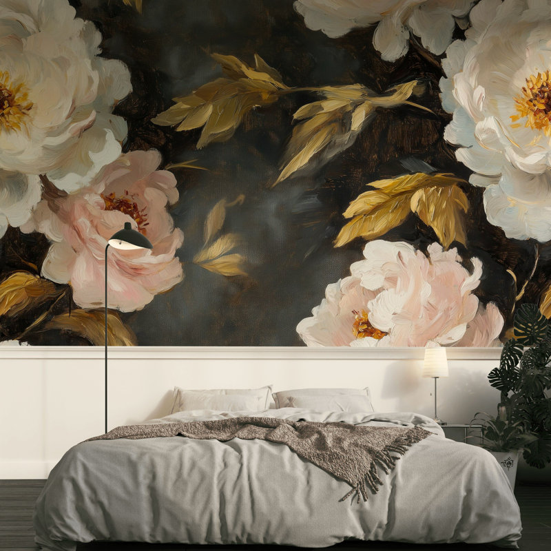 Papier peint floral peint à l'huile pivoine feuille d'or, L 140 po x L 108 po
