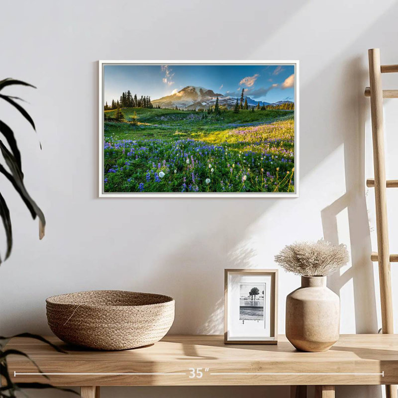 Le printemps au mont Rainier, 19 po x 13 po, Cadre flottant blanc