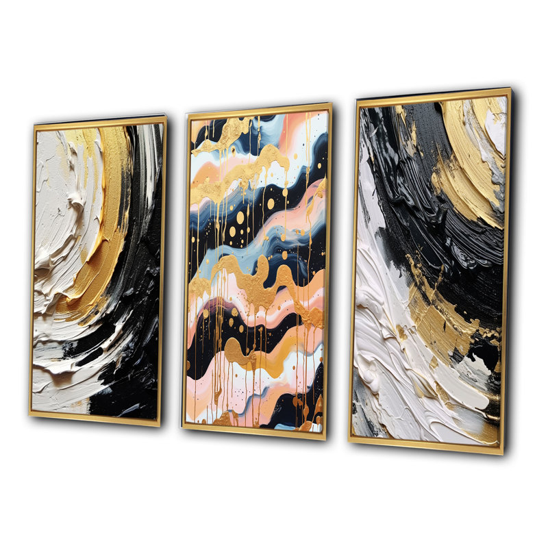 «Gold Black Spiral Illusions», 3 pièces sur toile, Cadre flottant doré, H 32 po x l 48 po