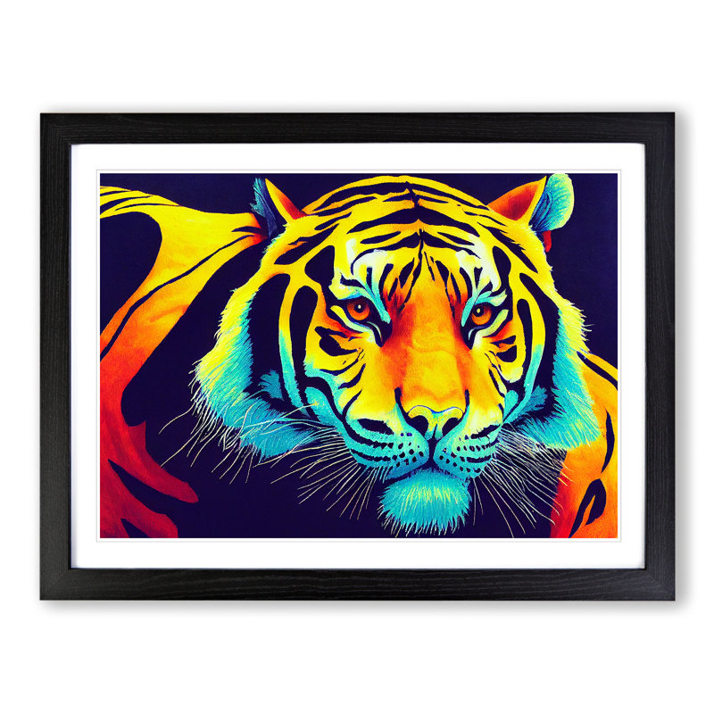 Colourful Tiger Art Abstract 1 Piece Single Picture Frame Wall Art, 34cm H x 46cm W x 2cm D, Black Framed