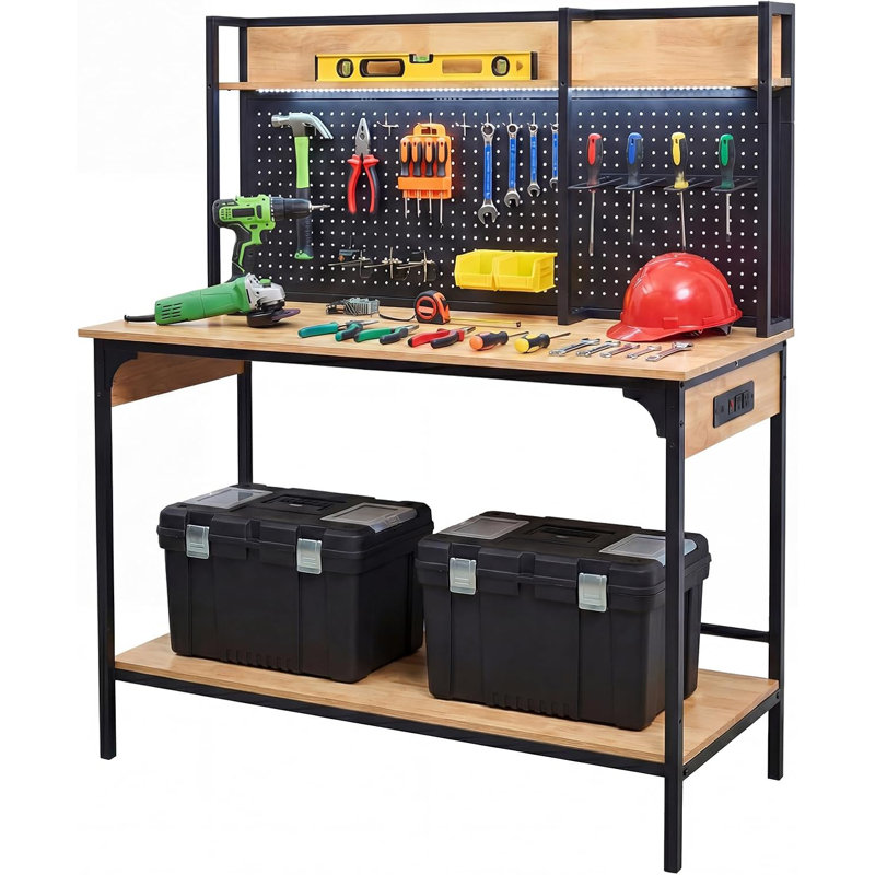  Workbench with LED Light & Power Strip, 48'' Heavy Duty Garage Work Bench with Storage, Pegboard, USB & Type-C Ports, Tool Table for Workshop, Garage, Studio, Warehouse, 3D Printer Table