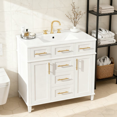 Meuble-lavabo blanc 36 po avec quatre tiroirs à fermeture douce et une tablette réglable