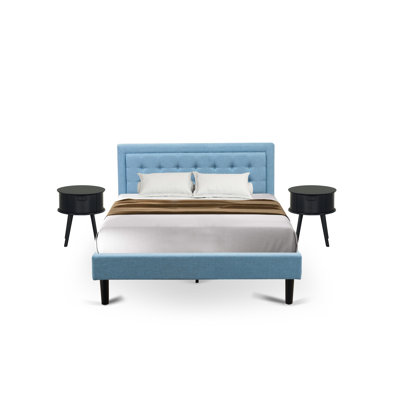 Ensemble de lit plateforme 3 pièces avec 1 lit Mid Century et 2 petites tables de chevet - Fabrication fiable et durable - Tissu en lin bleu denim