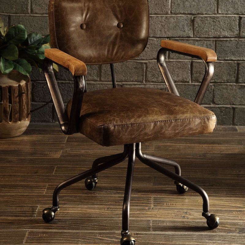 Elegant Office Chair In Vintage Style - Leather Upholstery And Charming Nailhead Trim With Swivel Comfortable