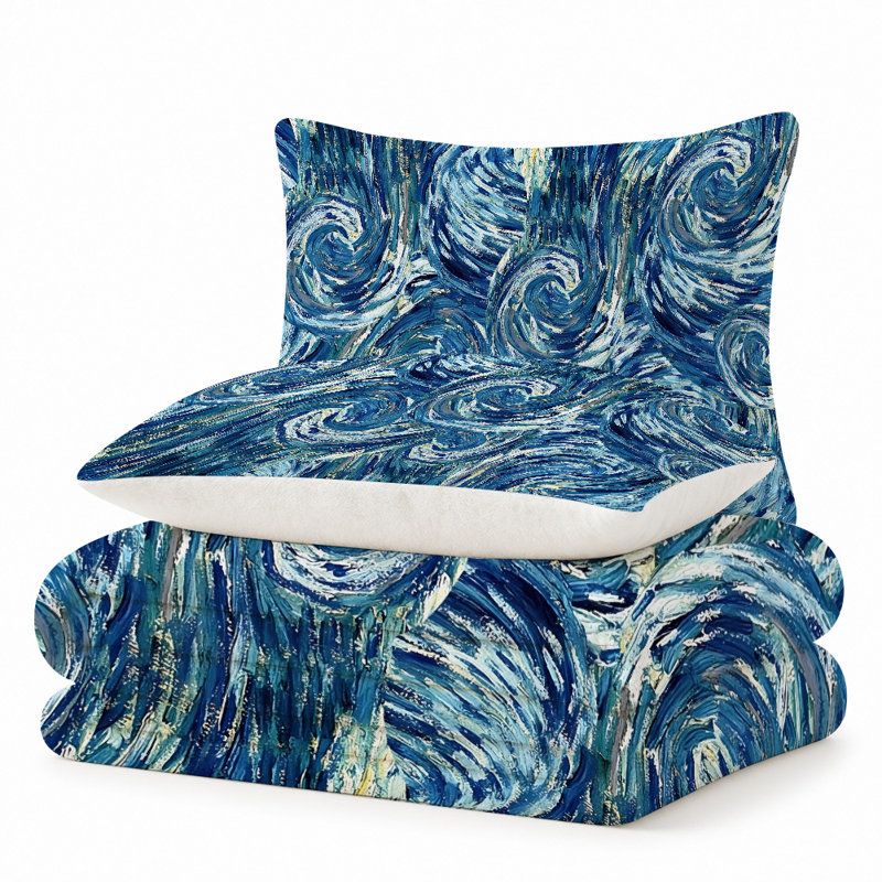 Premium Flannel Lightweight Blanket & 2 Pillow Shams Set with Expressive Blue Ocean Waves in Textured Oil Paint, Ultra-Soft & Warm Cozy Bedding Set for All-Season, 60" x 80" Blanket + 2 Pillowcases Anti-Pilling & Machine Washable(Set of 3)