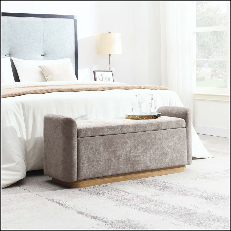 Banc de rangement 49 po en chenille avec charnière de sécurité, base en métal doré et structure en bois, Brown, Brown